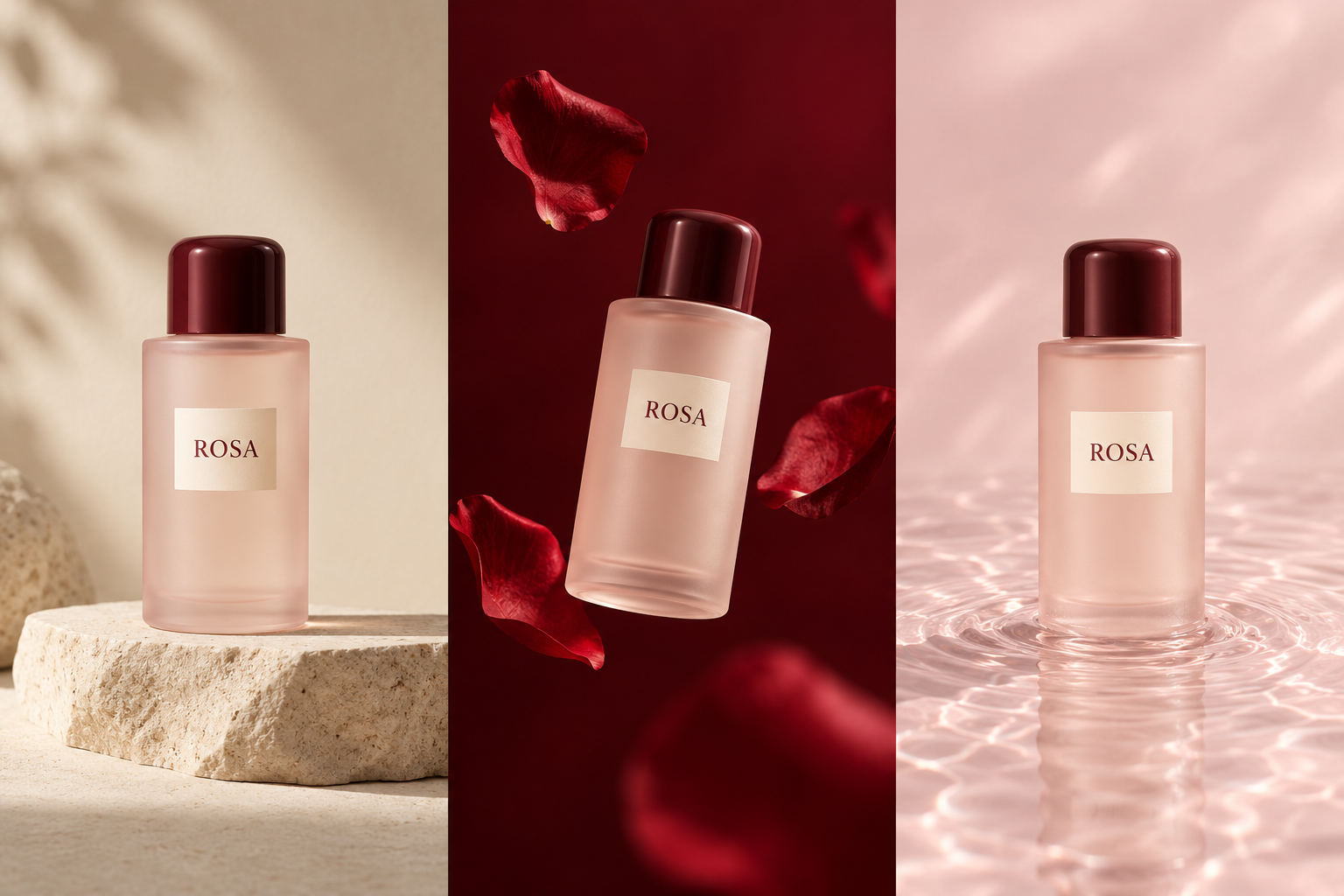 AI-generated concept triptych of a fictional skincare bottle labelled ROSA. Left: the bottle on a stone plinth in warm daylight with soft leaf shadows. Centre: the bottle floating among red rose petals on a deep burgundy background. Right: the bottle standing in rippling, pale pink water.